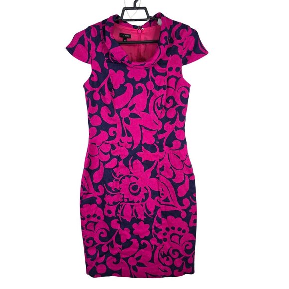Womens Talbots Pink & Navy Floral Sheath 100% Linen Dress Cap Sleeve Size 4 - Picture 1 of 9
